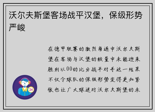 沃尔夫斯堡客场战平汉堡，保级形势严峻